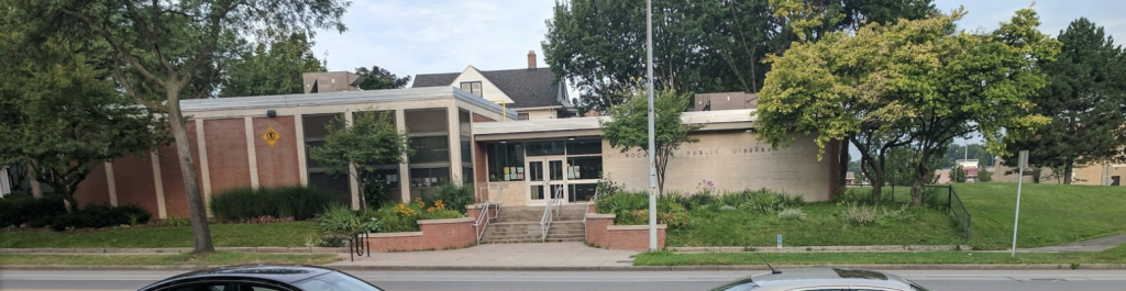 Exterior of Maplewood Community Library. A red and tan brick building.