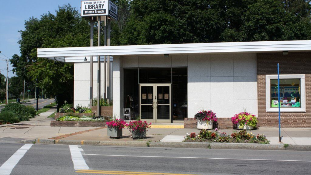 Exterior of Charlotte Branch Library. A single-story building.