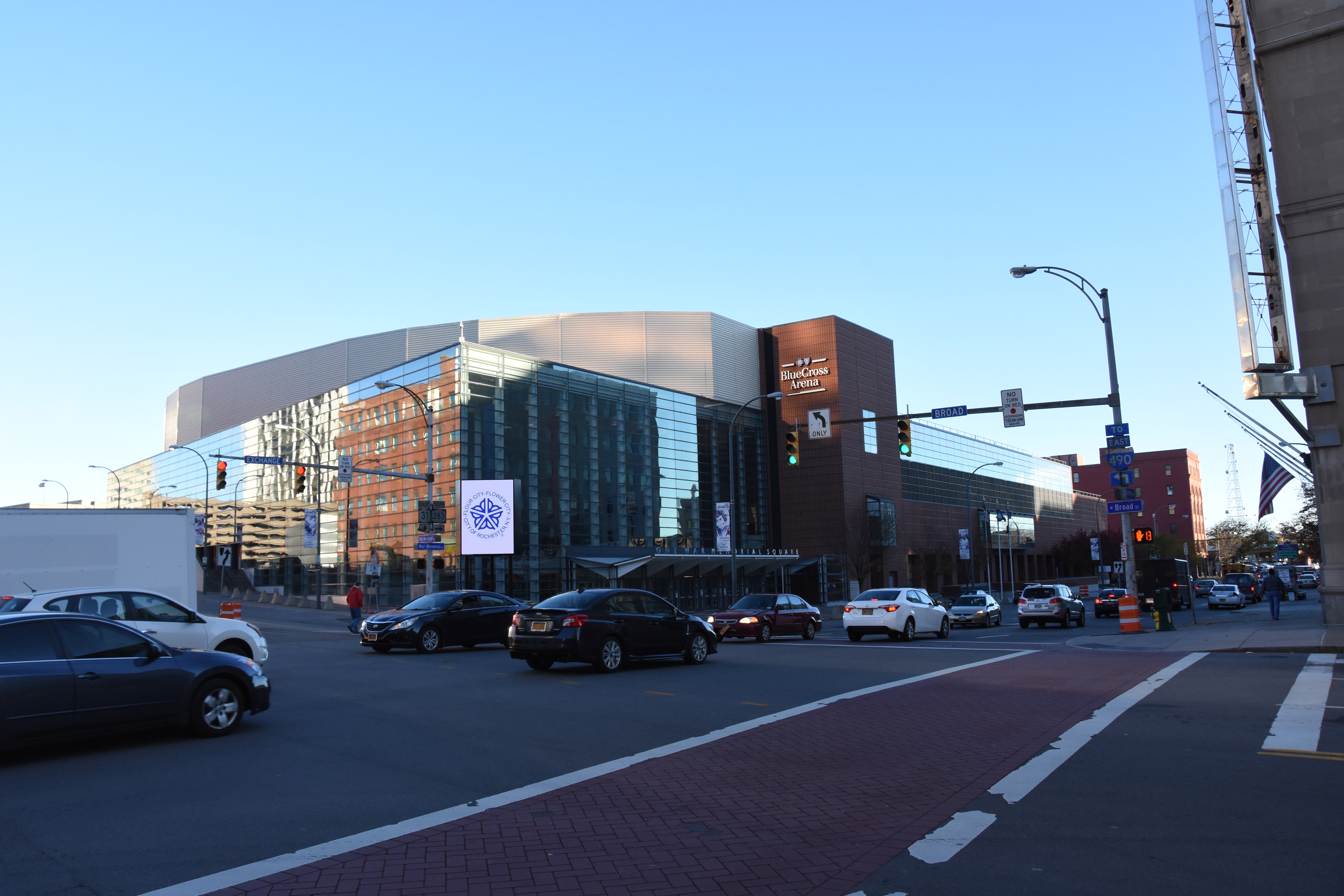 An exterior photo of the Blue Cross Arena in downtown Rochester.