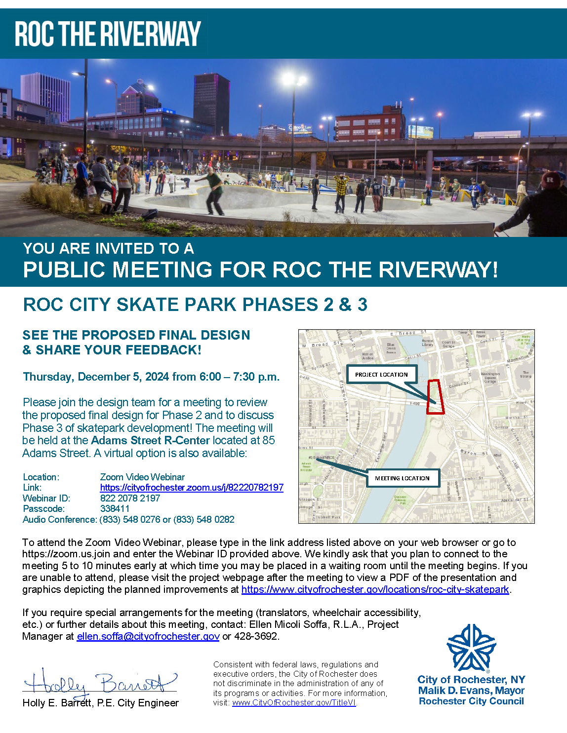 Public meeting for Roc City Skate Park Phases 2 & 3 on December 5, 2024 from 6-7:30 pm. Contact ellen.soffa@cityofrochester.gov for accessibility accommodations.