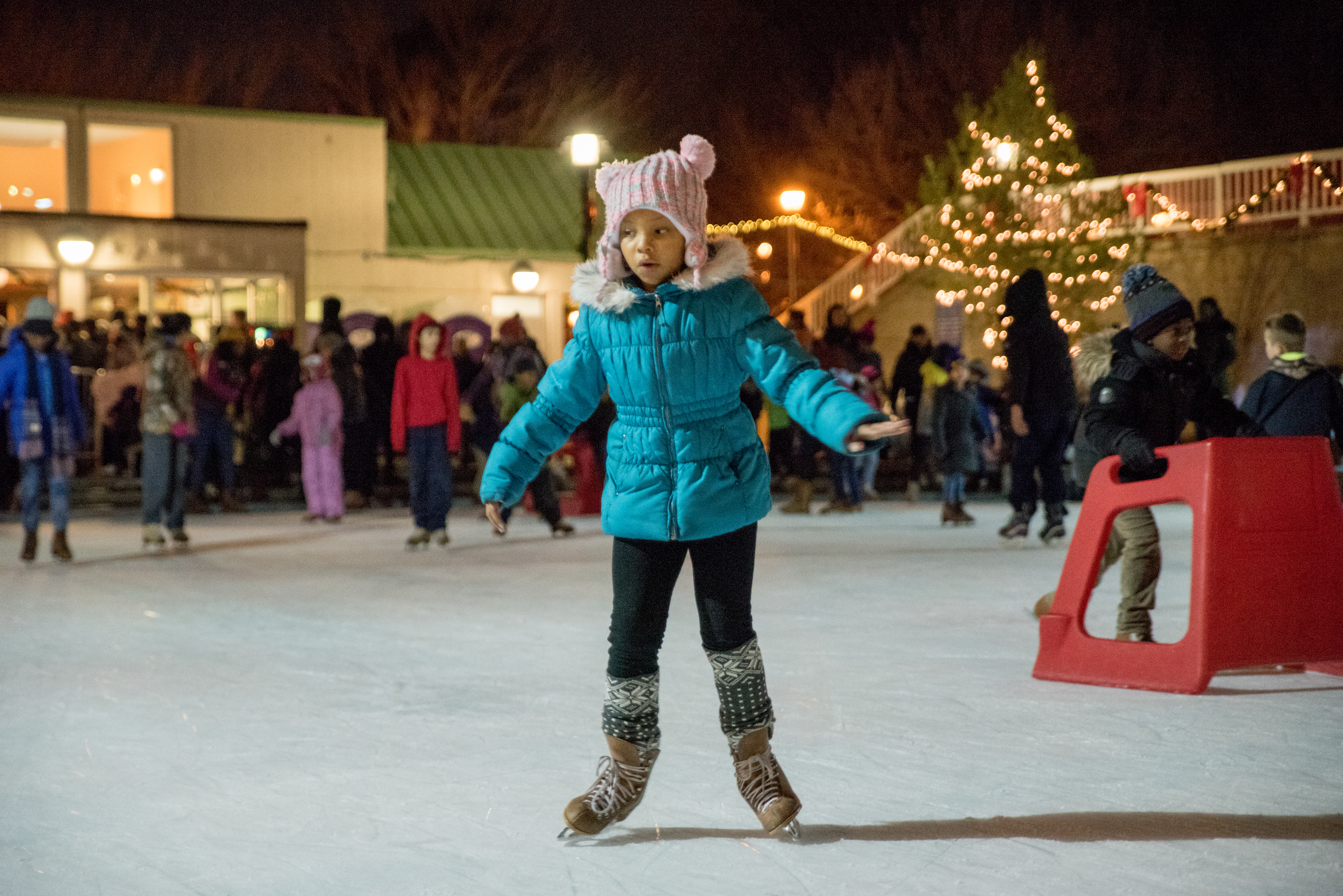 A photo of a young girl ice skating at MLK Park during ROC Holiday Village 2017.