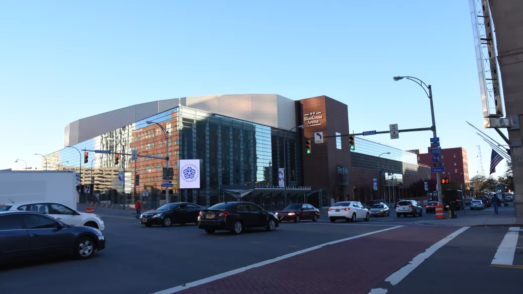 An exterior photo of the Blue Cross Arena in downtown Rochester.