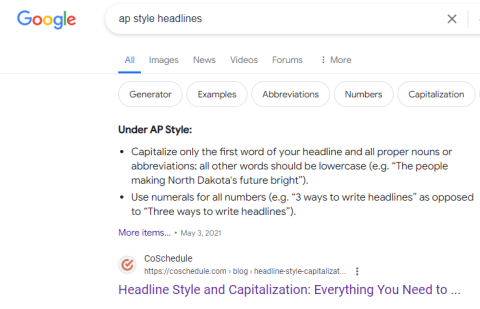Screenshot of a Google search about AP Style.