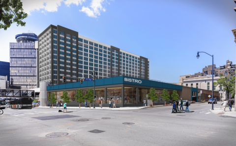 Artist rendering of a newly renovated Rochester Riverside Hotel.