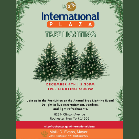 flyer featuring 2024 International Plaza Tree Lighting event