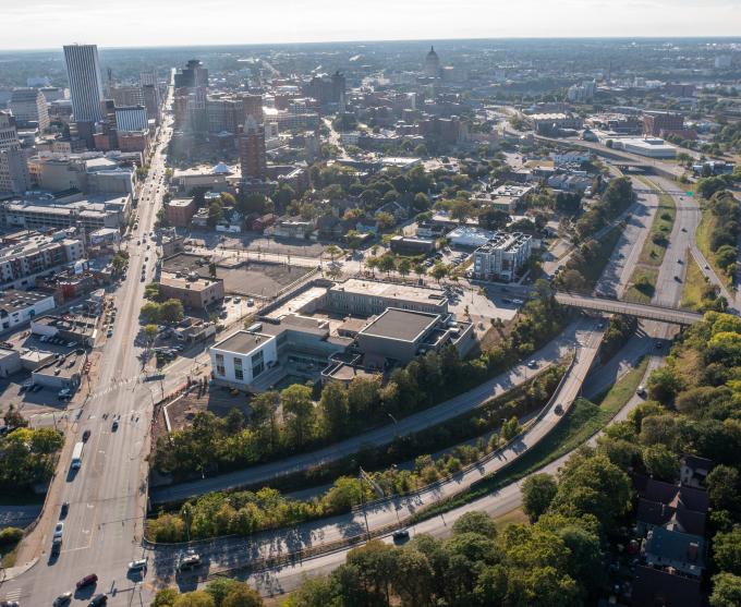 A drone view of Inner Loop North in Rochester.