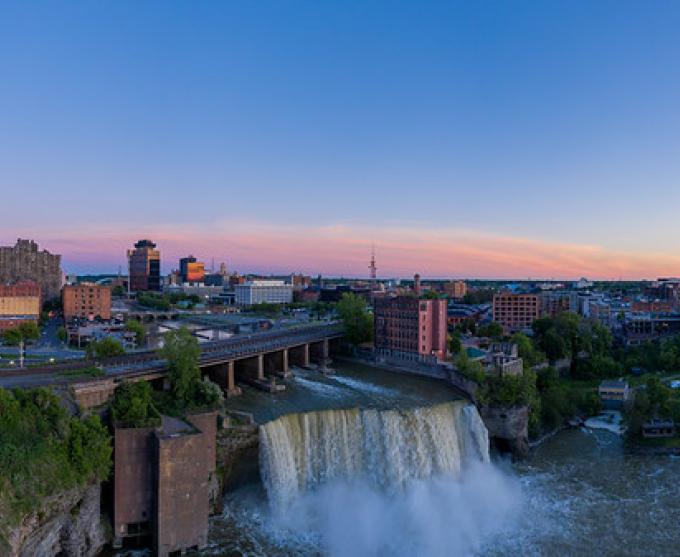 Rochester skyline waterfall dusk