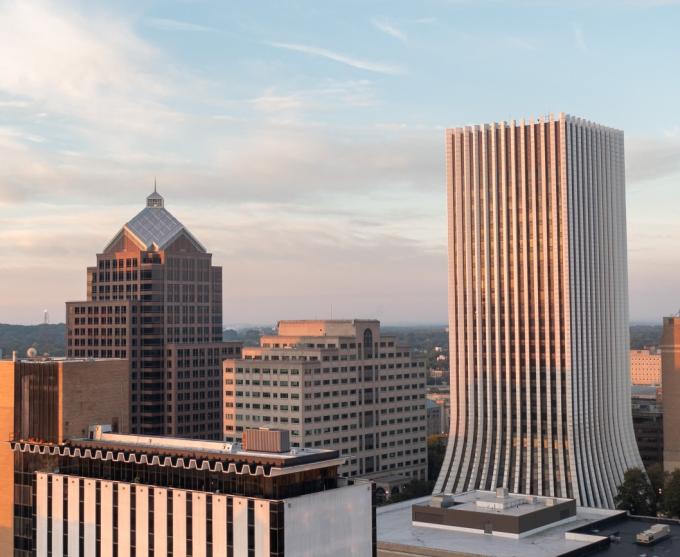 Photo of the Rochester skyline in the morning.