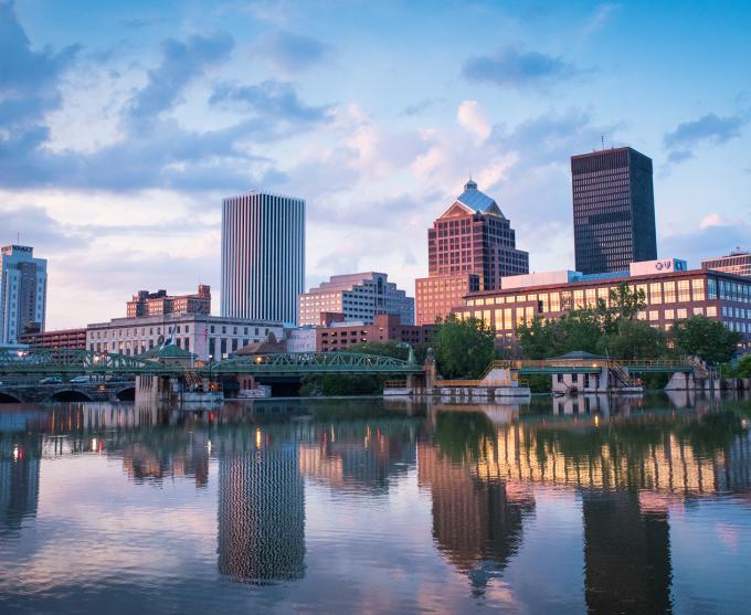 A photograph of the Rochester skyline from the Genesee River.