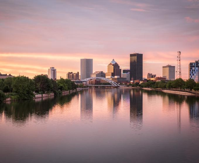 Photo of the Rochester skyline at dusk.