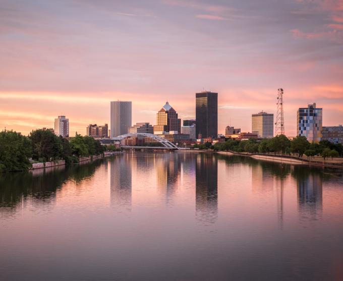 Photo of the Rochester skyline at dusk.