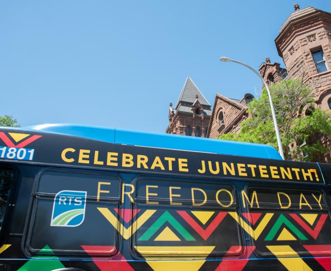 Photo of the Juneteenth bus in Rochester.