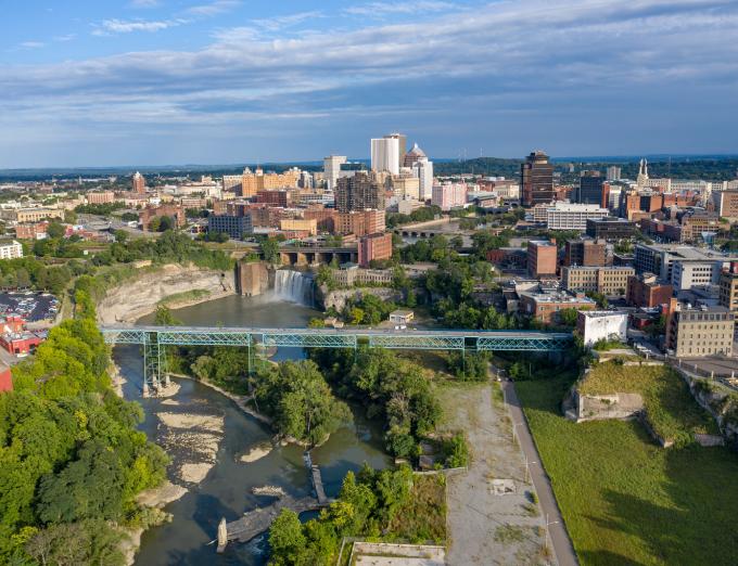Aerial photo of Downtown Rochester looking south.