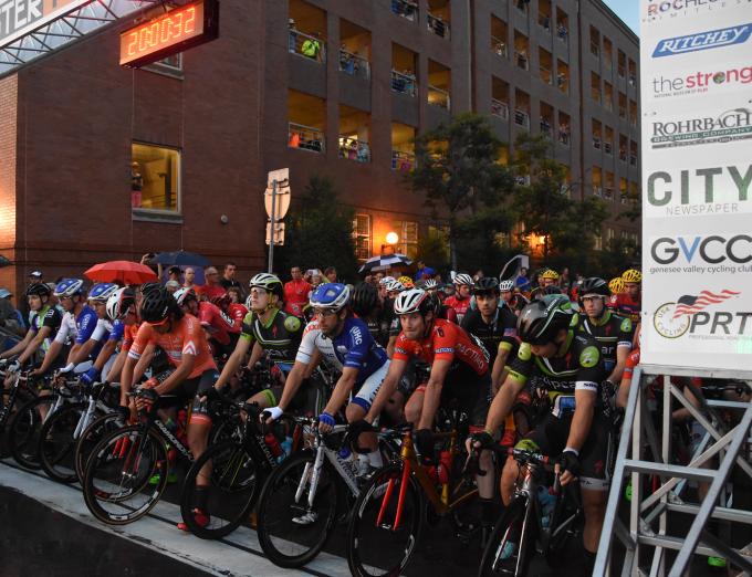 Photo of the starting line of a bicycle race in Rochester.
