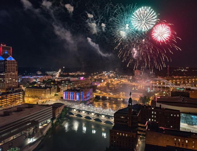 Aerial photo of fireworks on 4th of July in Downtown Rochester