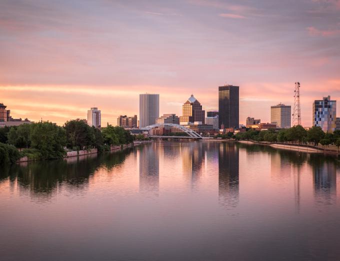 Photo of the Rochester skyline at dusk.