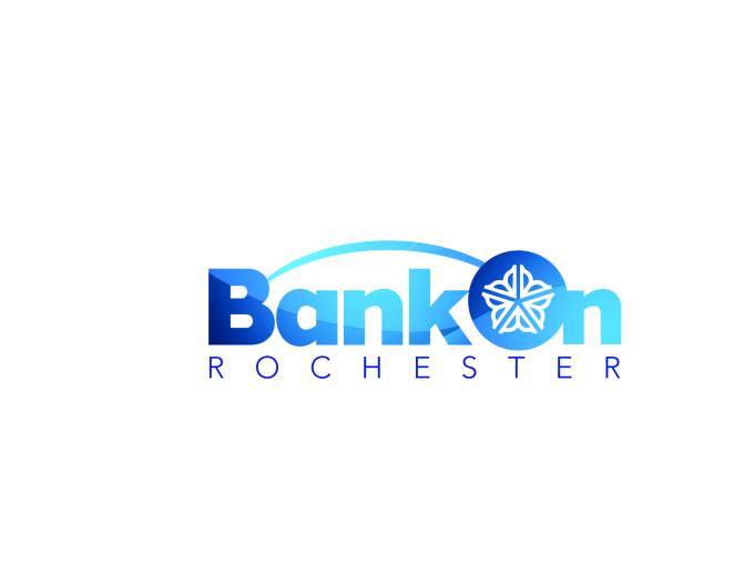 Blue colored text spelling Bank On Rochester with city logo centered in the O of on