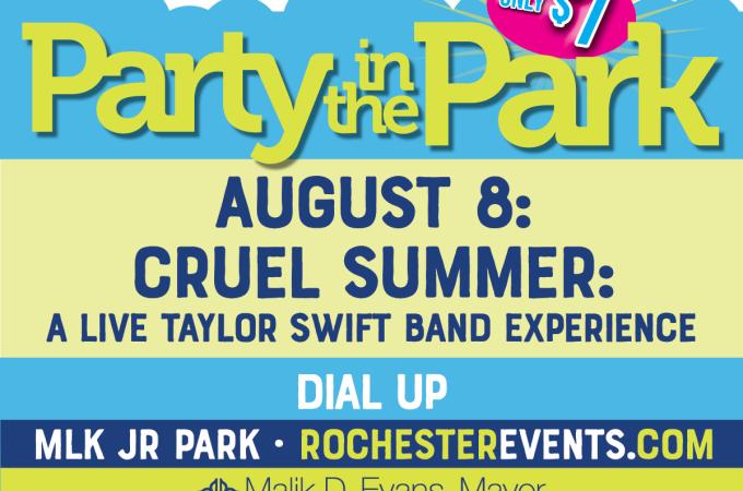 Weekly Party in the Park digital flier for August 8, 2024.