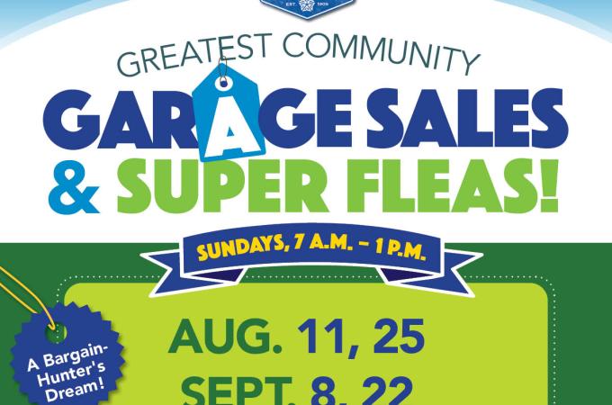 Graphic flier for Garage Sales and Super Fleas.