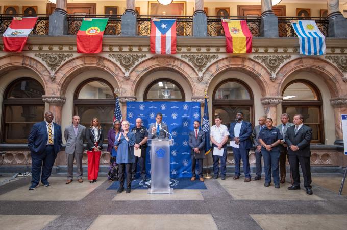 Photo of City leaders holding a press conference on public safety.