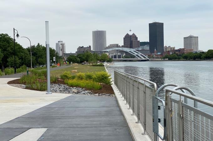 Photo of the West River Wall on the Genesee Riverway Trail.