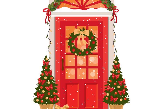 Getty Images photo illustration of a door decroated for the holidays.