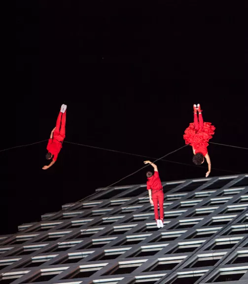 Photo of Bandaloop performing at the Rochester Fringe Festival.