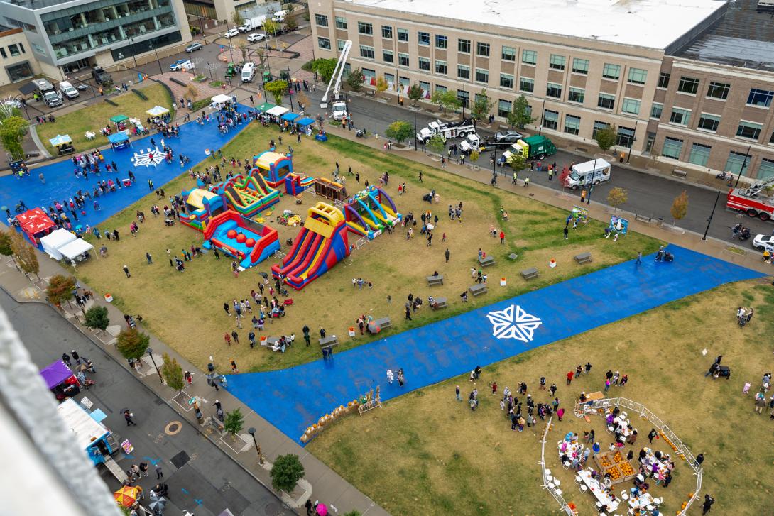 Aerial photo of Parcel 5 during Fall Fest 2023.