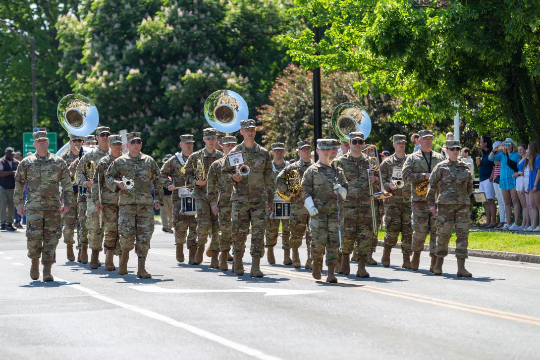 Photo of a marching band in Rochester's Memorial Day Parade.
