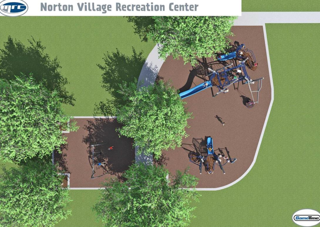 Rendering of a planned playground at Norton Villiage Park as seen from above