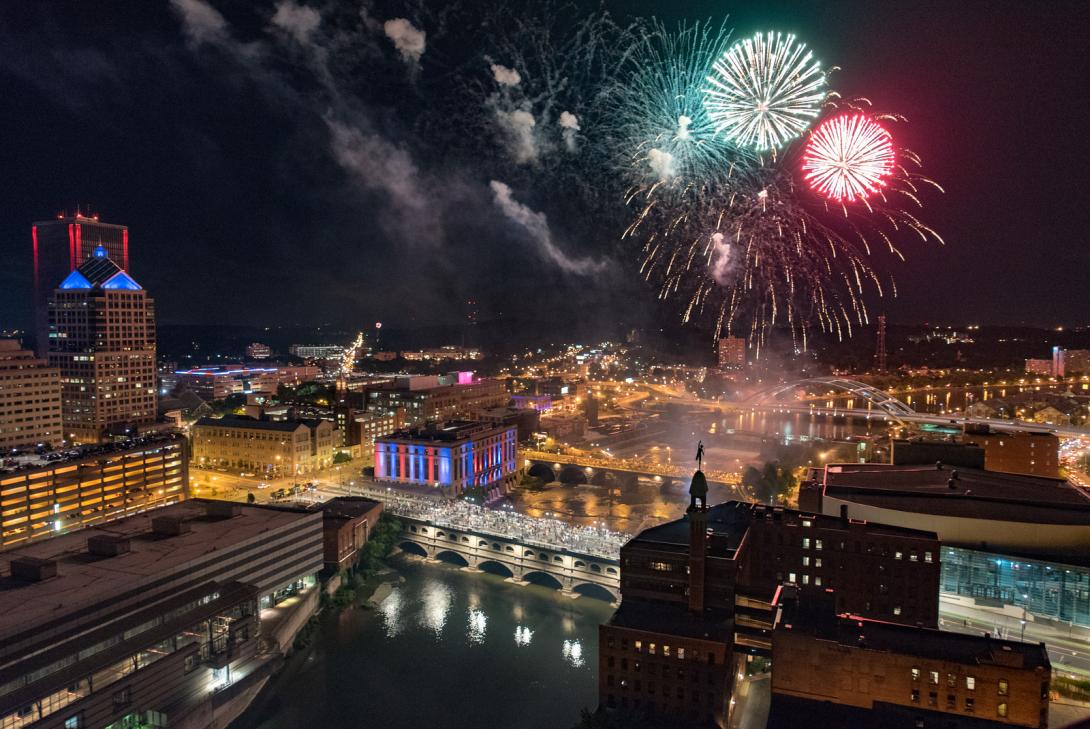 Aerial photo of fireworks on 4th of July in Downtown Rochester