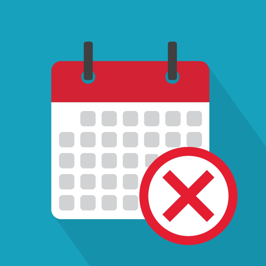 A graphic for a cancelled event (calendar with a red x).