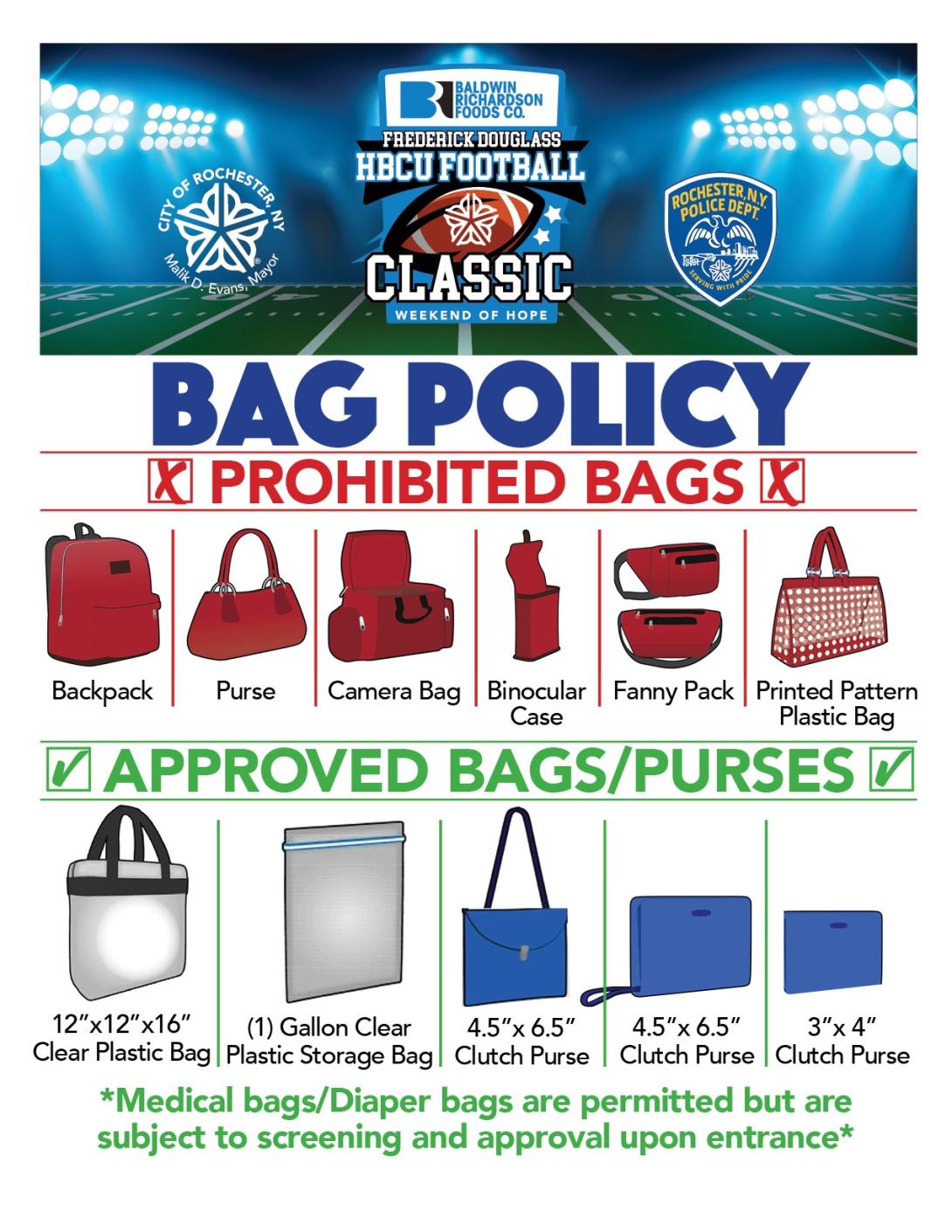 Informaiton flier for the HBCU Classic's bag policy for atendeeds.