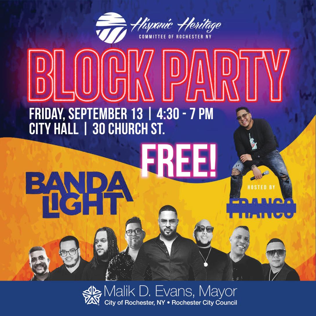 Flier for the Hispanic Heritage Block Party event at City Hall.