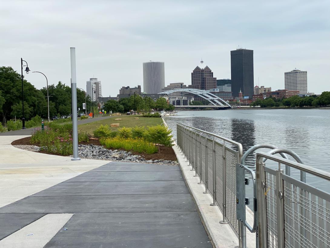 Photo of the West River Wall on the Genesee Riverway Trail.