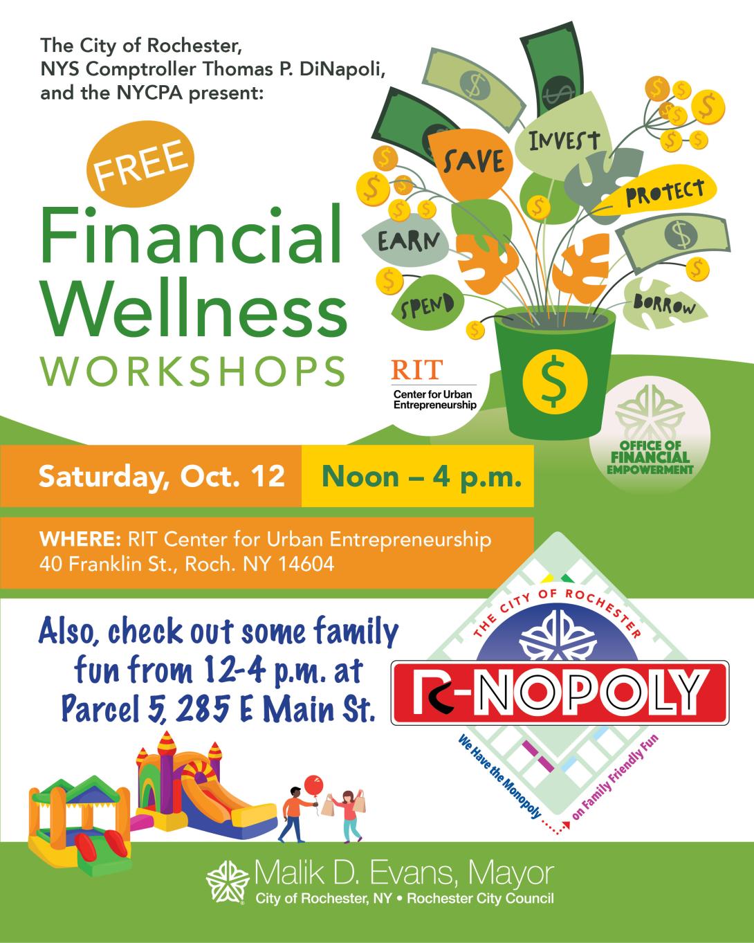 Flier for Office of Financial Empowerment's next financial wellness workshop.