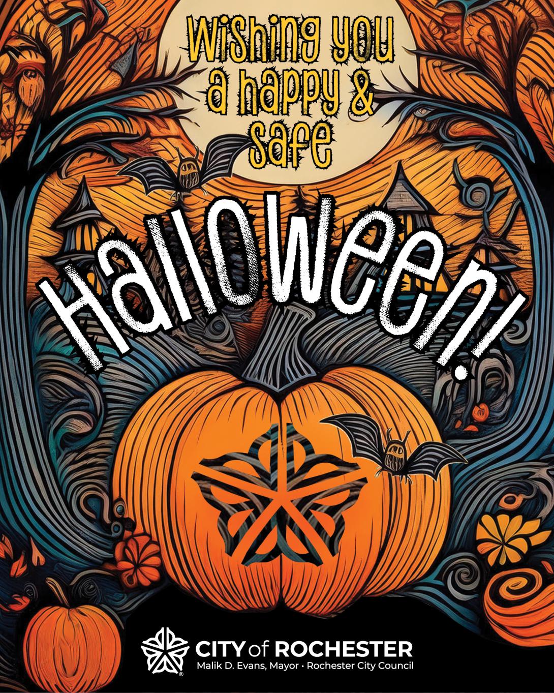 Vertical graphic that says "wishing you a happy and safe Halloween!" fromt he City of Rochester.