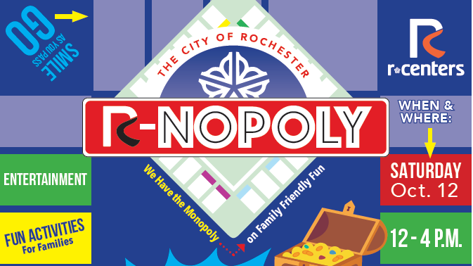 Horizontal web graphic for R-Nopoly event at Parcel 5.