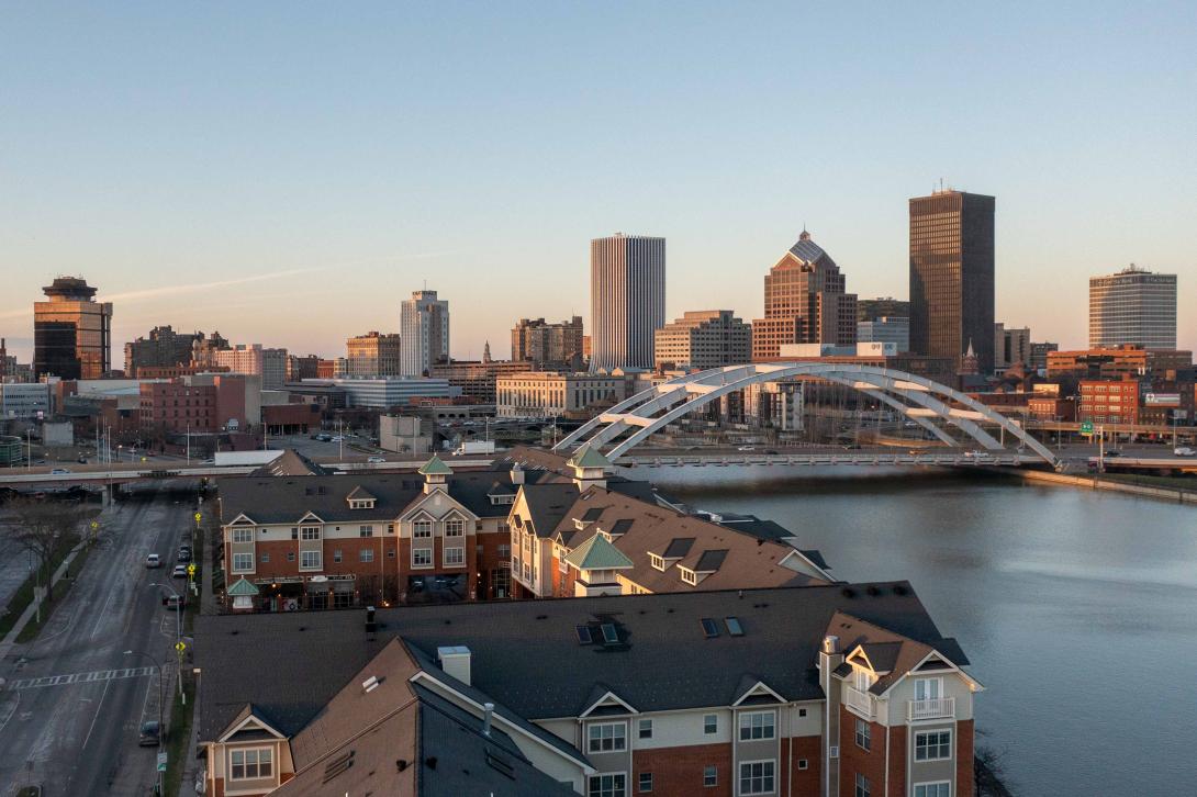 Aerial photo of the City of Rochester, New York skyline on March 26, 2024.