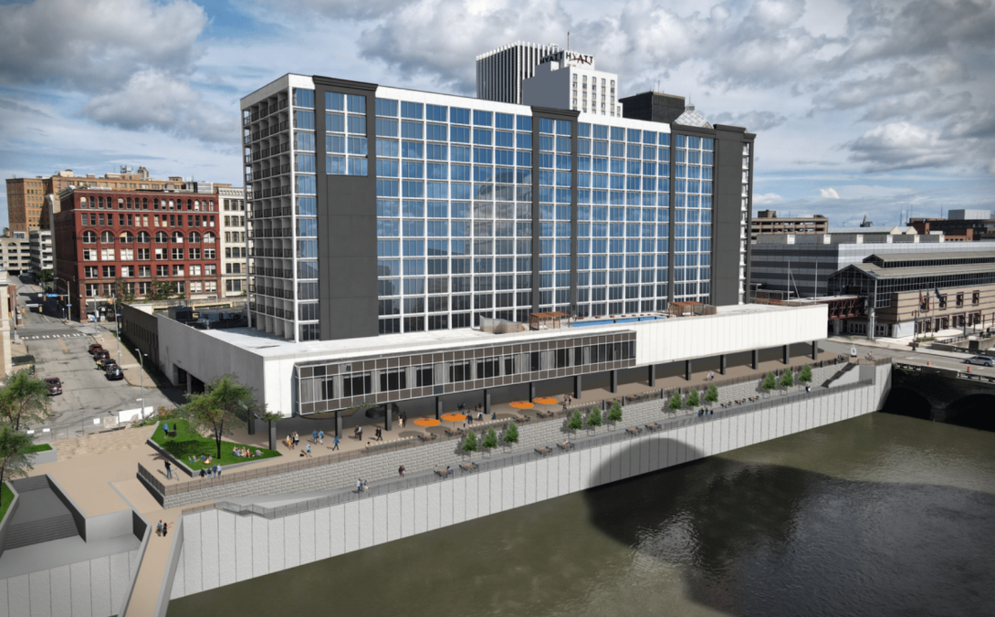 Artist rendering of a newly renovated Rochester Riverside Hotel.