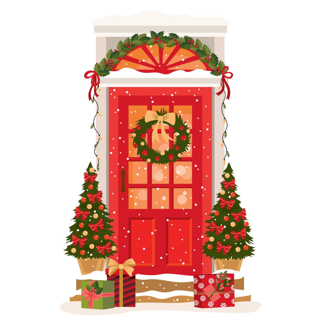 Getty Images photo illustration of a door decroated for the holidays.