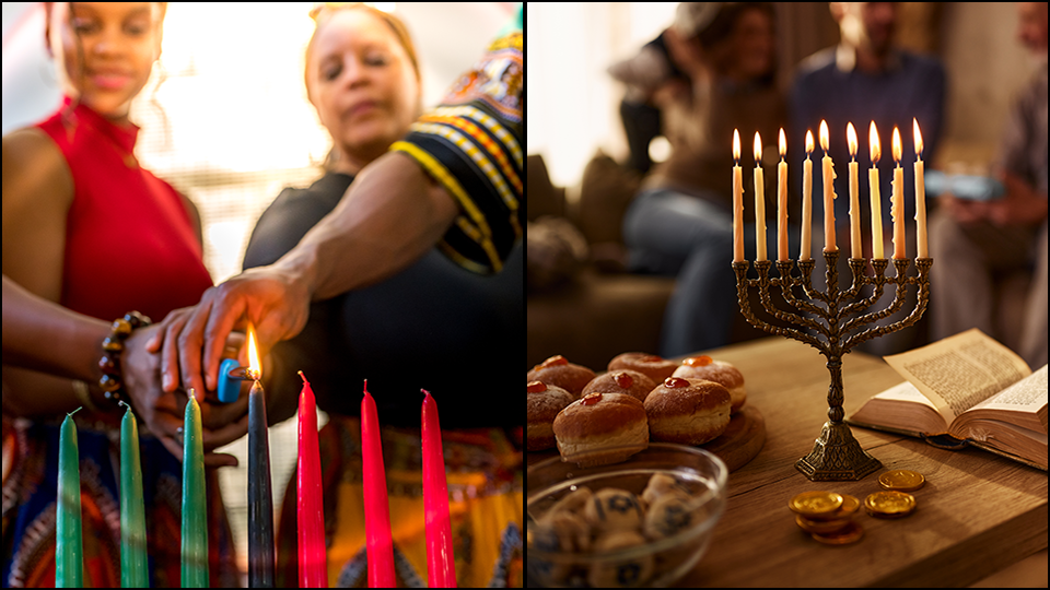 Side by side Getty images photos for Kwanaa and Hanukkah.